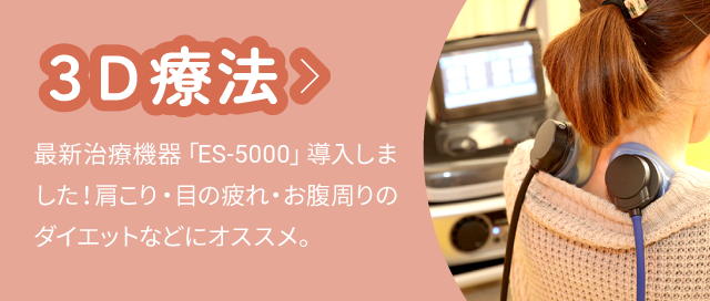 3D療法:最新治療機器「ES-5000」導入しました!肩こり・目の疲れ・お腹周りのダイエットなどにオススメ。