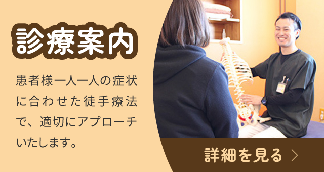 診療案内：患者様一人一人の症状に合わせた徒手療法で、適切にアプローチいたします。